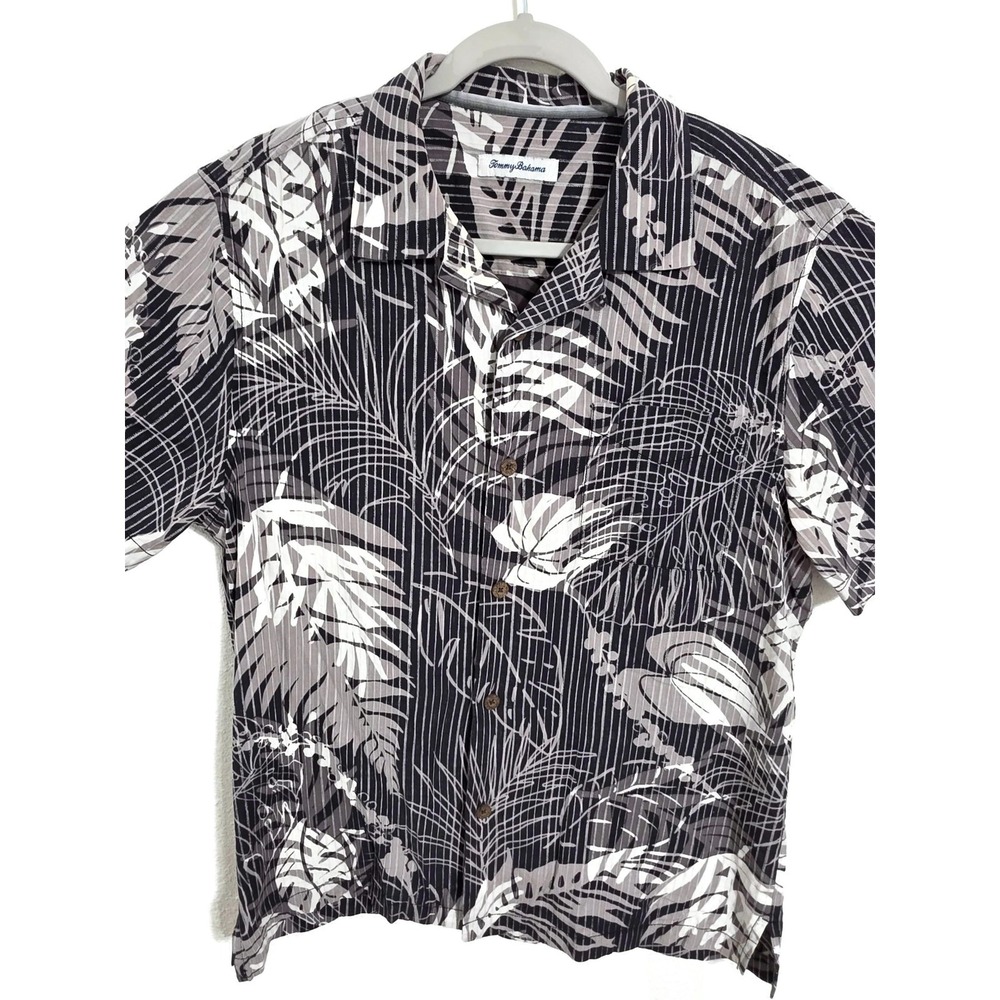 Tommy Bahama Shirt Mens Medium Black Floral Hawaiian Short Sleeve Woven Button